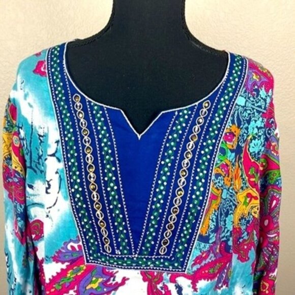 J. Peterman Kaftan Tunic Top Long Sleeve Embroidered Blue/Pink Round Neck Boho L - Picture 2 of 10
